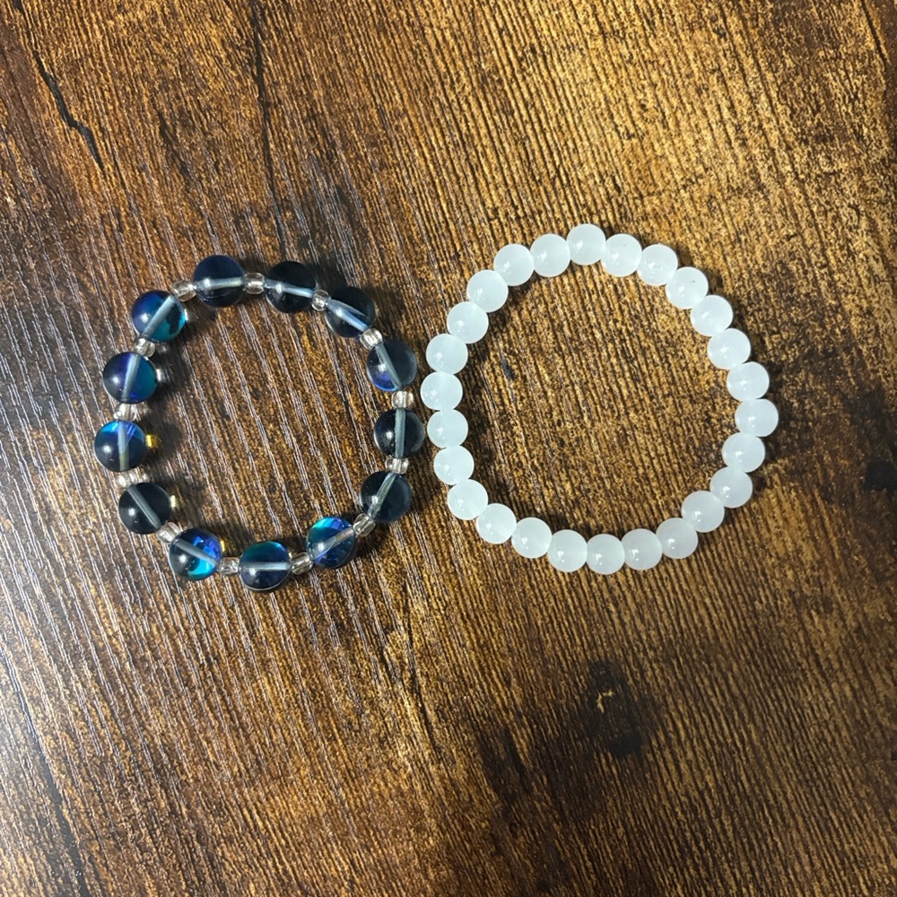 Handmade Chic Blue and White Beaded Energy balanced Bracelet Set. Free item incl